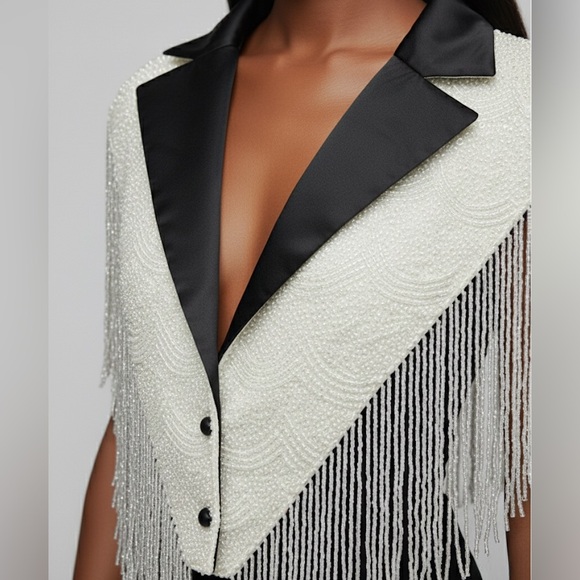 Black and White Tuxedo Beaded Fringe Cape - Picture 3 of 7